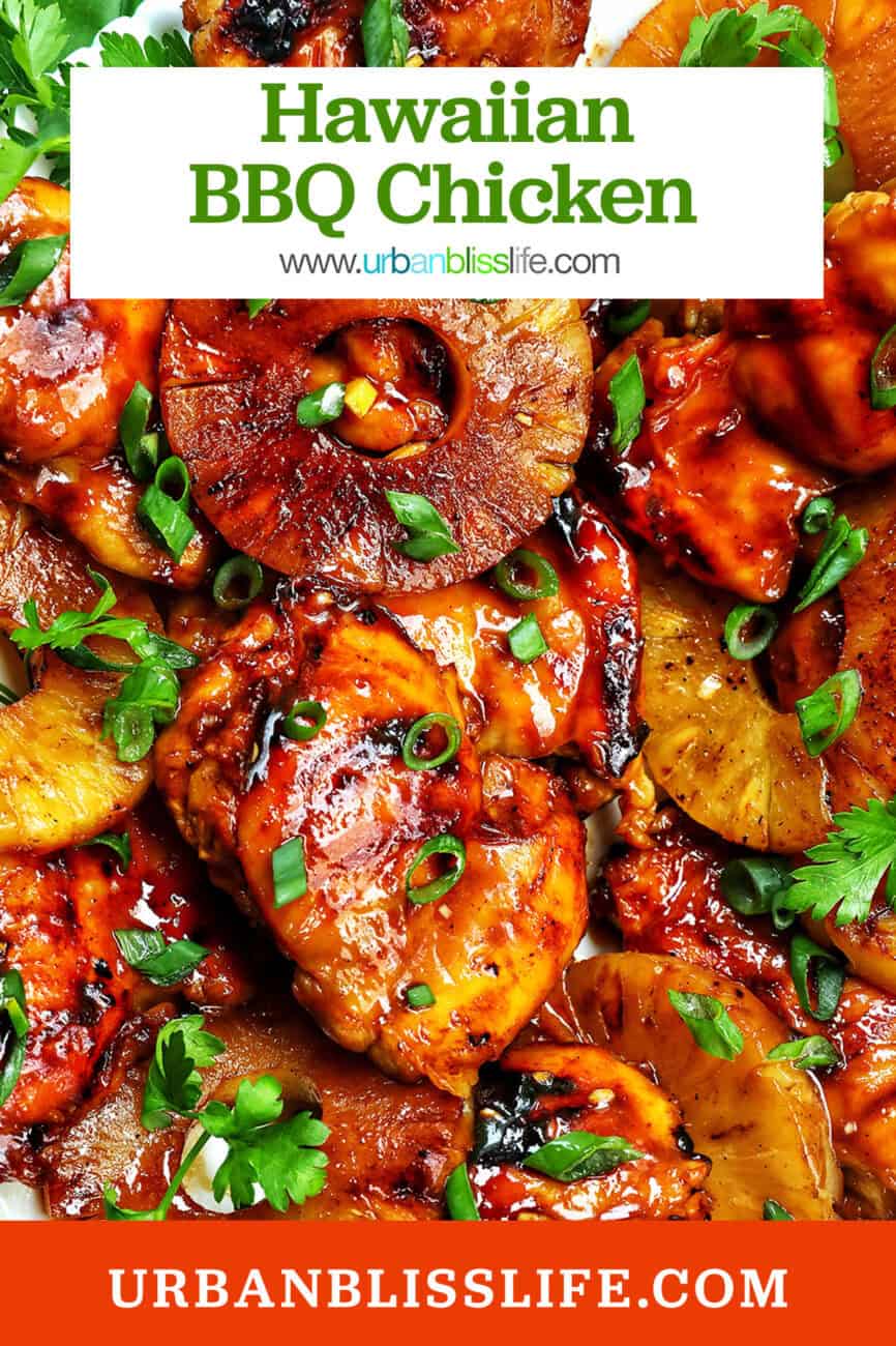 BBQ chicken and pineapples with herbs with title text overlay.