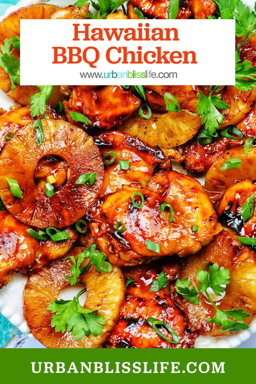 BBQ chicken and pineapples with herbs with title text overlay.