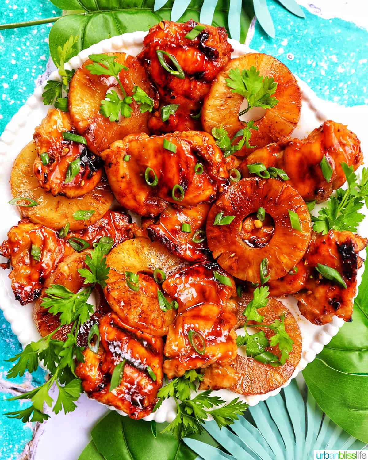 BBQ chicken and pineapples with herbs.
