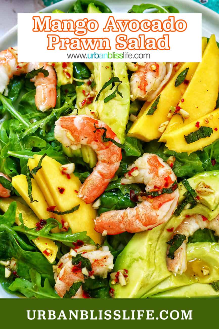 mango avocado prawn salad with title text overlay.