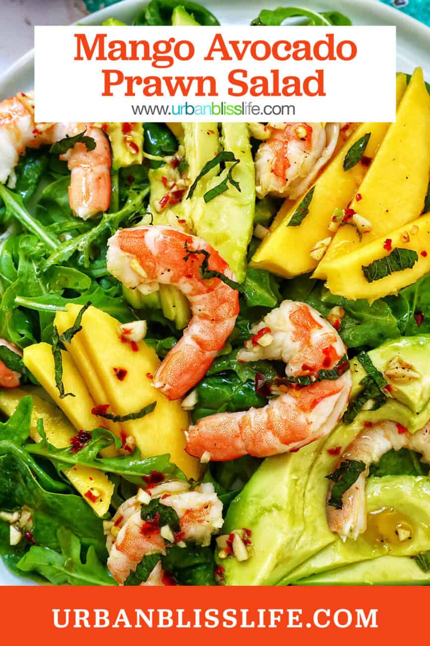mango avocado prawn salad with title text overlay.