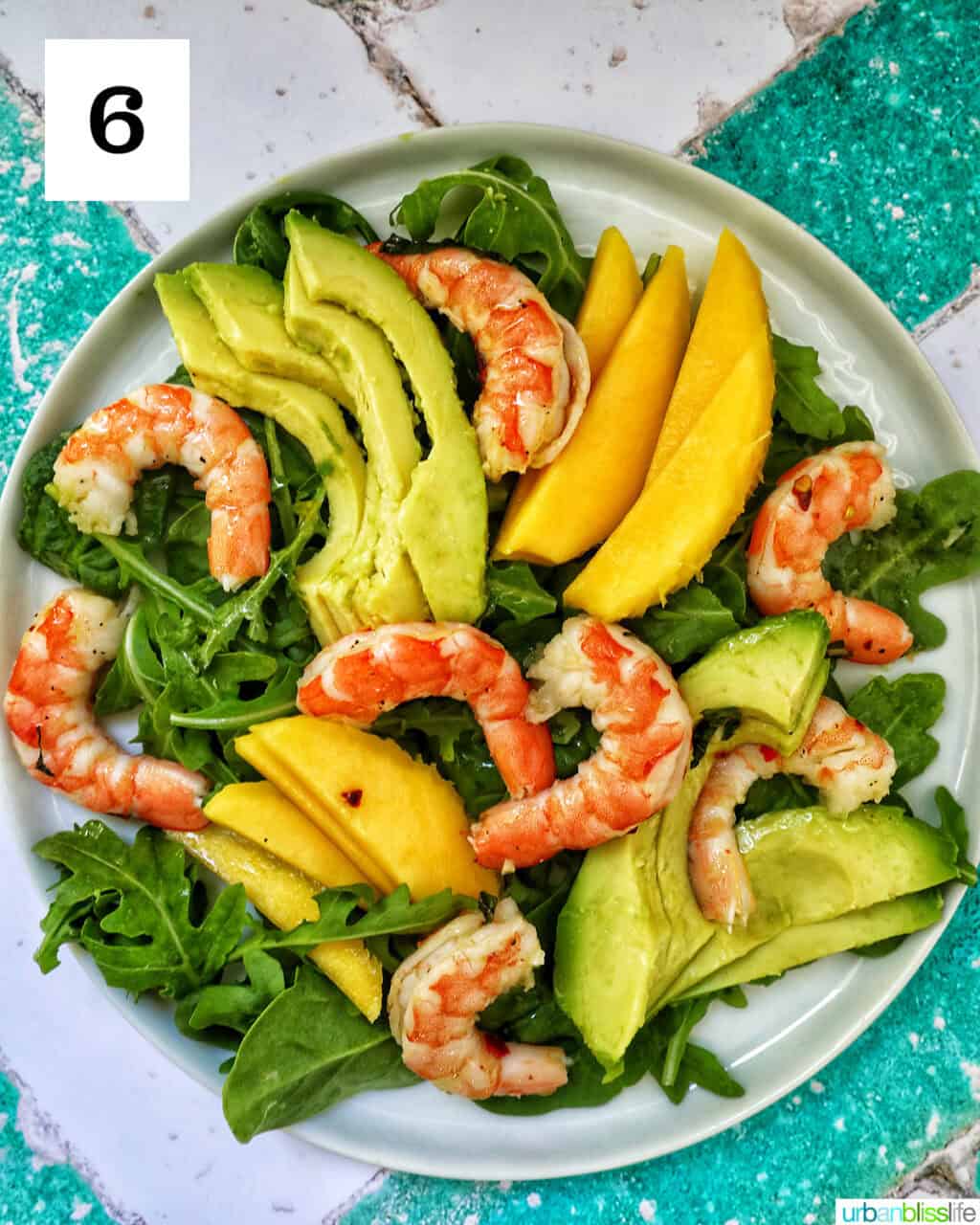 white plate with mixed greens, avocado, prawns, and mango.