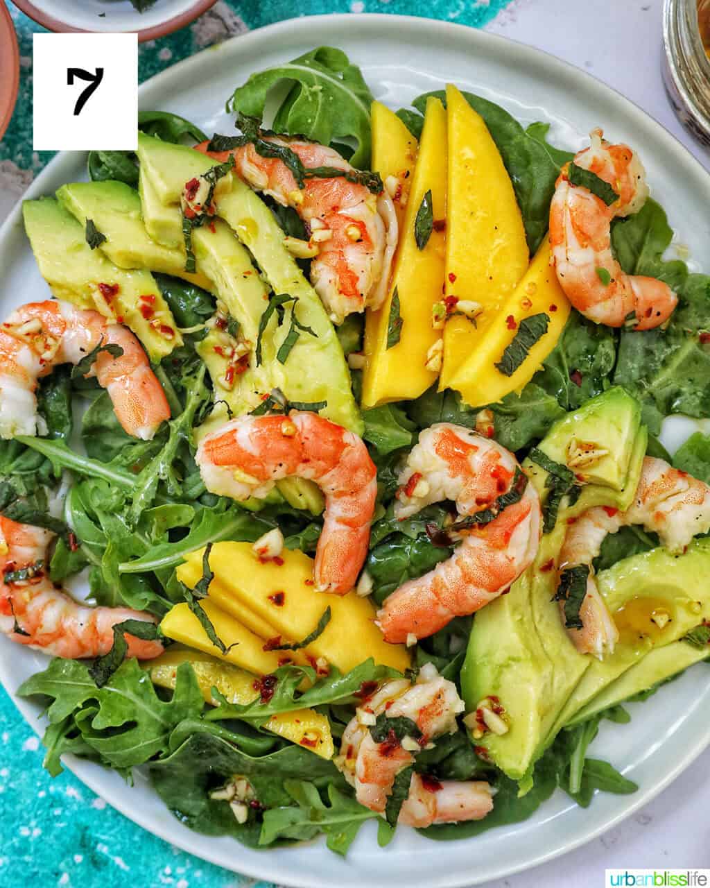 white plate with mixed greens, avocado, prawns, and mango.