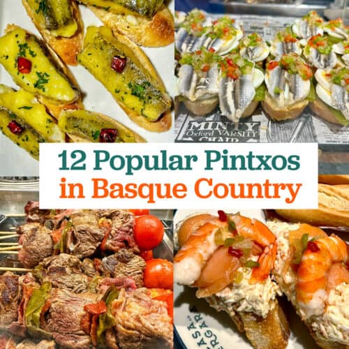 different pintxos with title text that reads "12 Popular Pintxos in Basque Country."