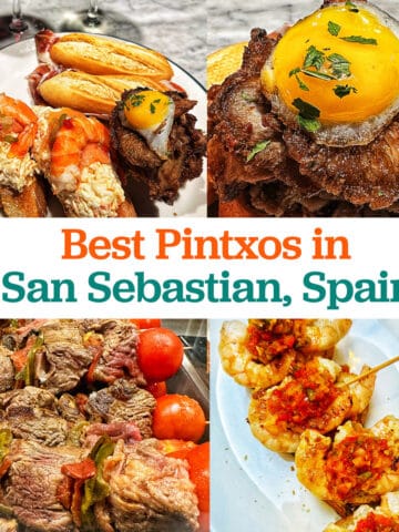meat and seafood pintxos with title text "Best Pintxos in San Sebastian."