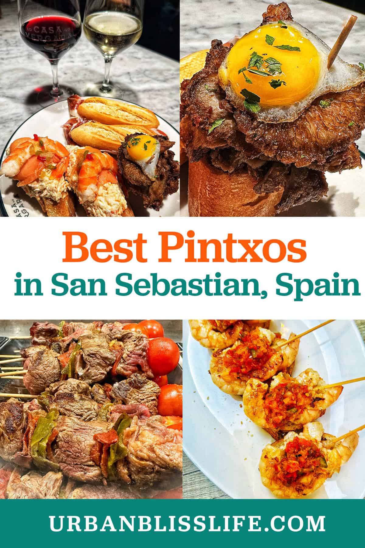 meat and seafood pintxos with title text "Best Pintxos in San Sebastian."