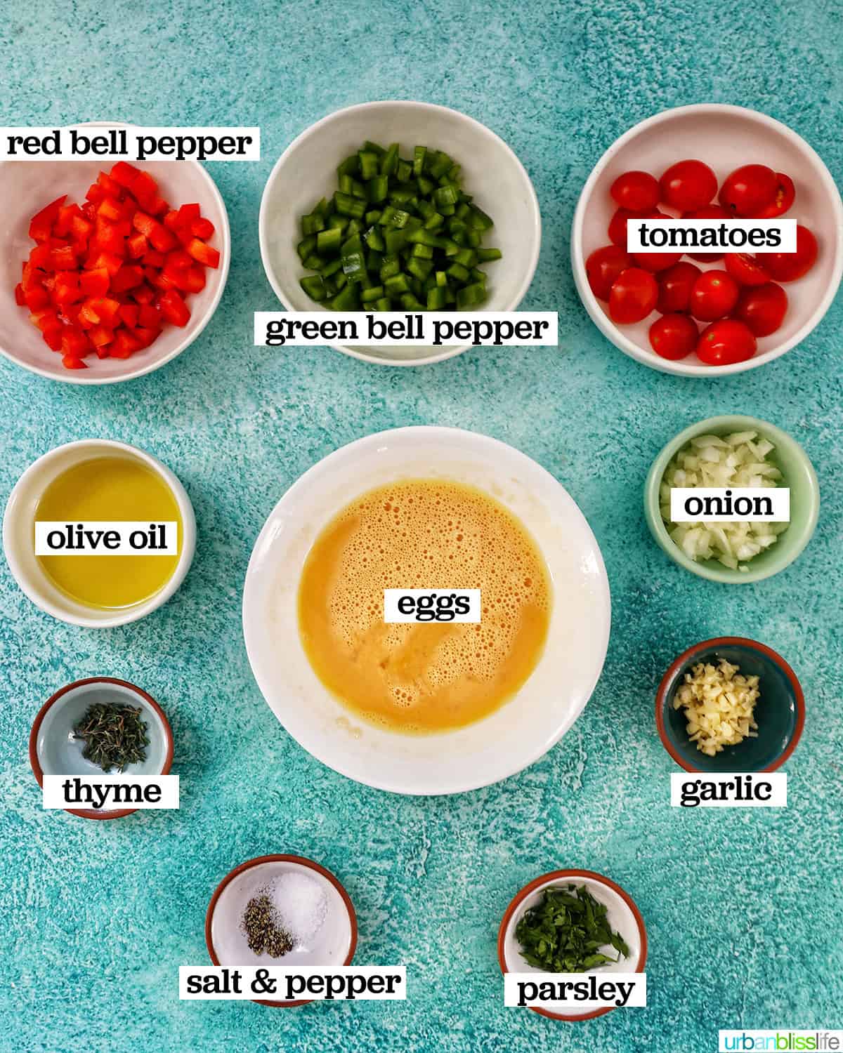 bowls of ingredients to make egg vegetable scramble.