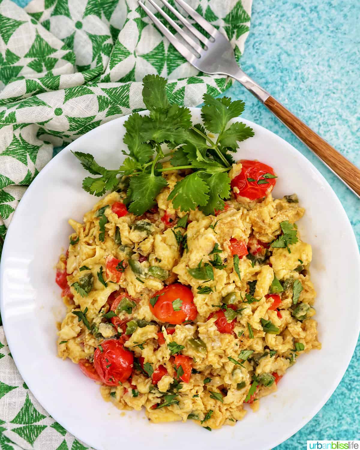 egg vegetable scramble on a white plate with parsley garnish.