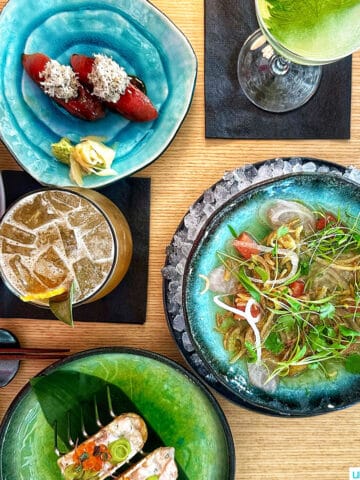 three plates with asian fusion food and title text overlay.