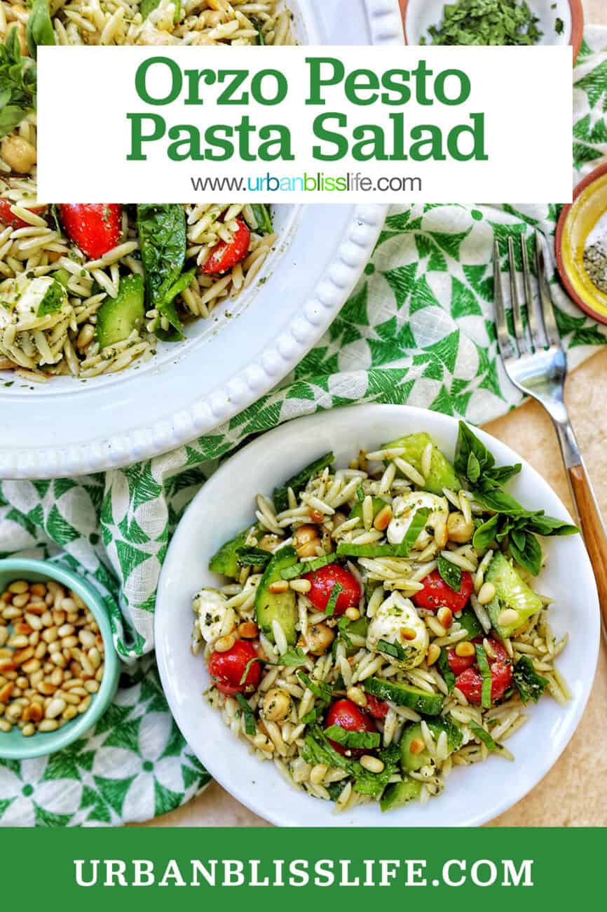 two bowls of orzo pesto pasta salad.