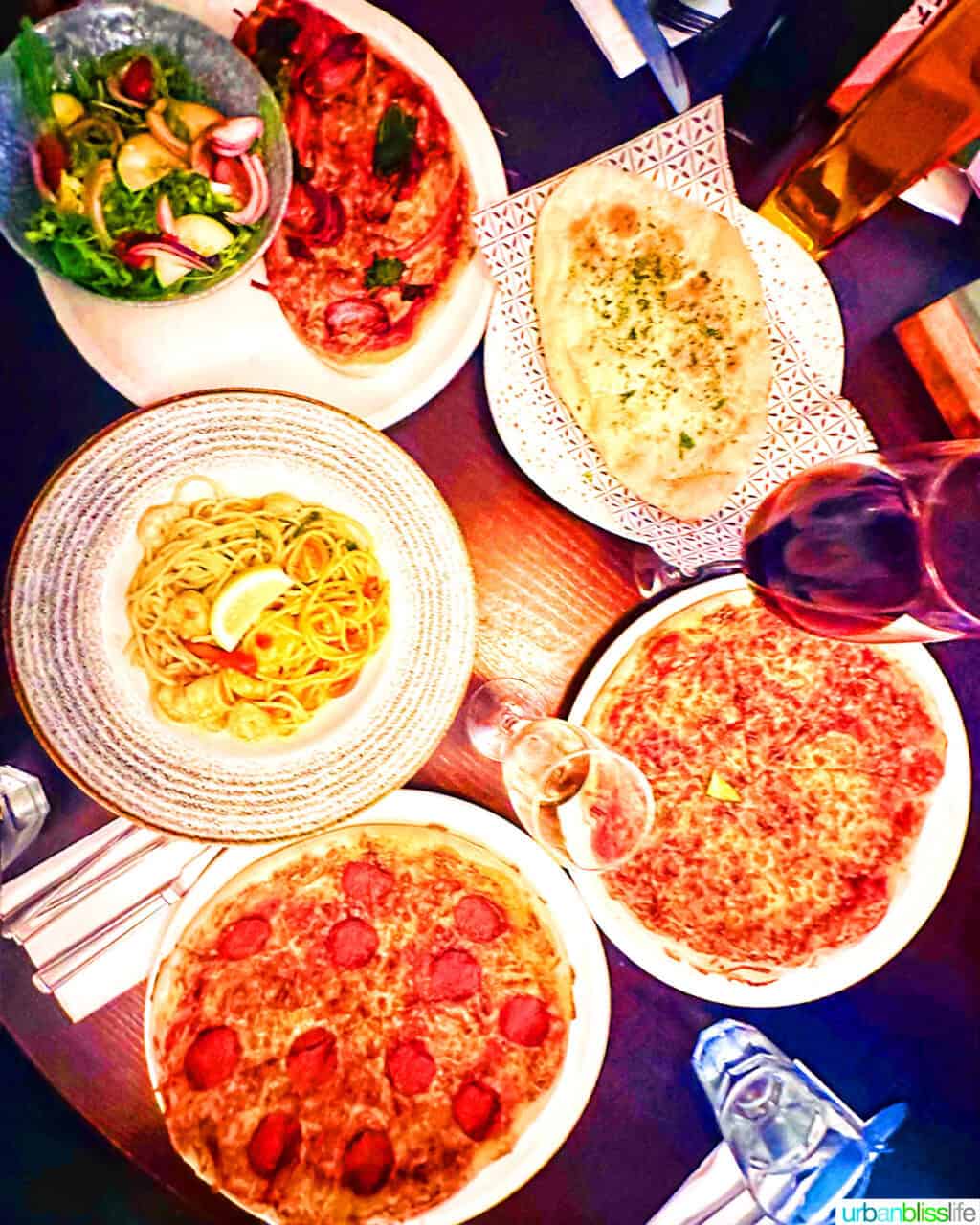 pizza, pasta, and flat bread at bella italia in london
