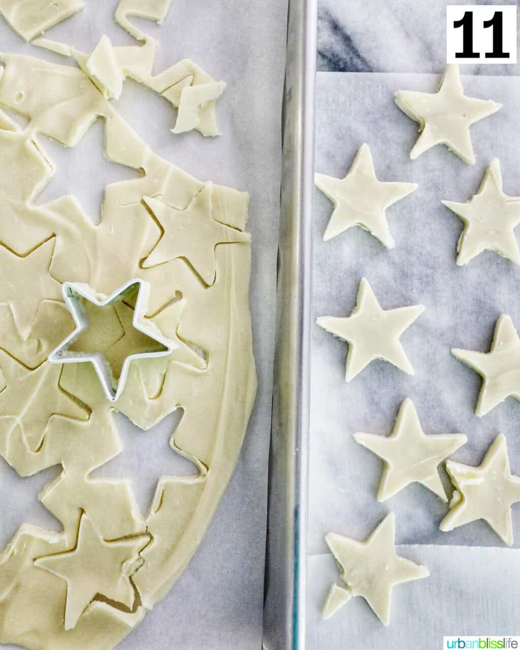 star cookie cutter over white chocolate cutting out white chocolate stars.