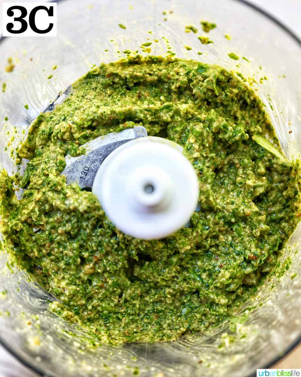 basil pesto done in a food processor.