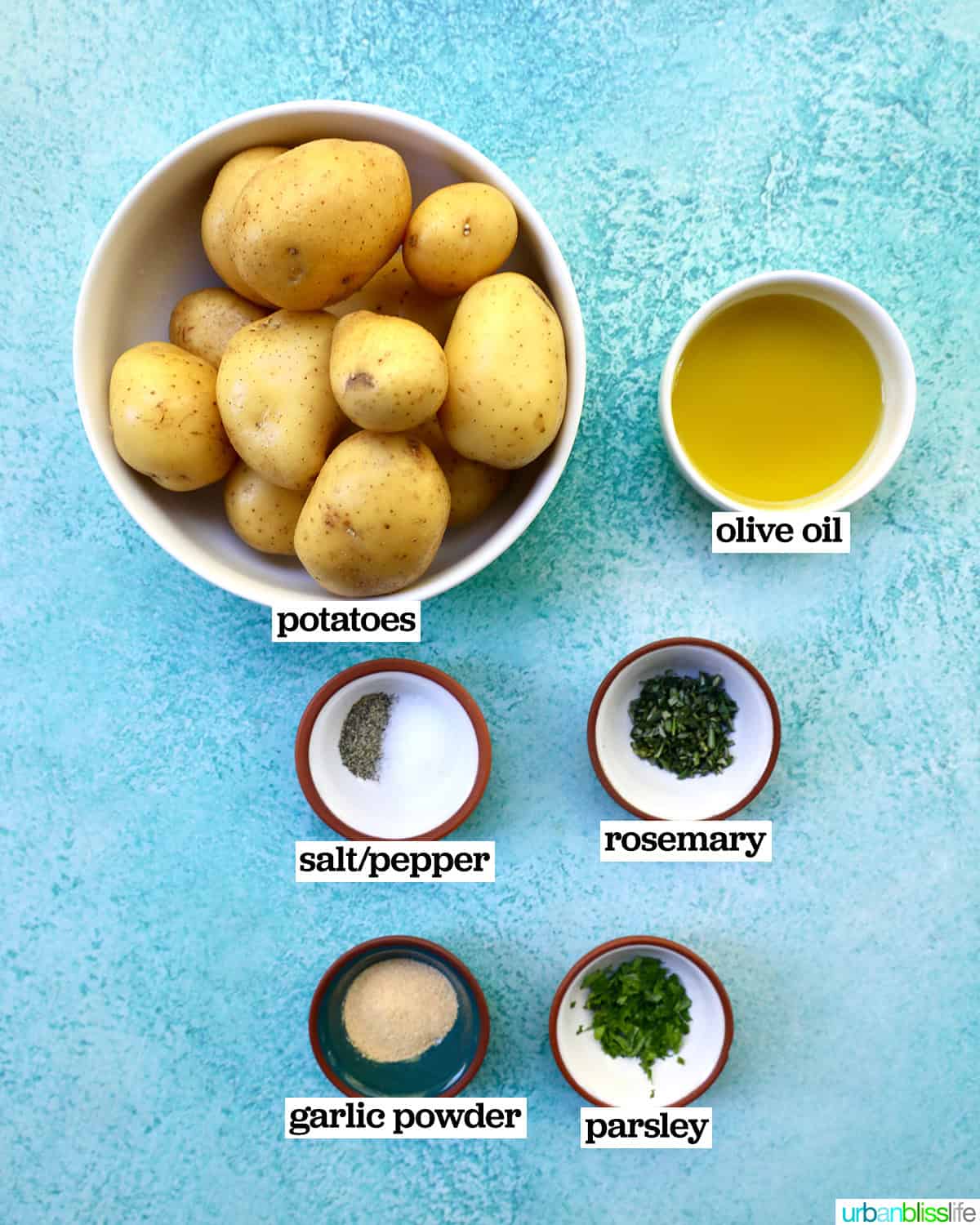 bowls of ingredients to make air fryer smashed potatoes.