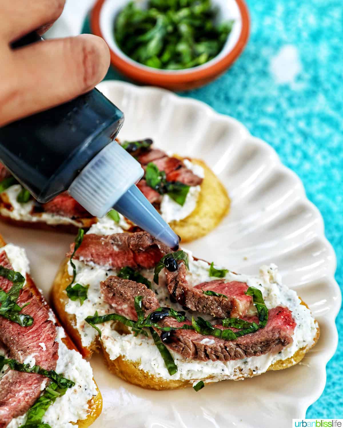 drizzling balsamic glaze over steak crostini.