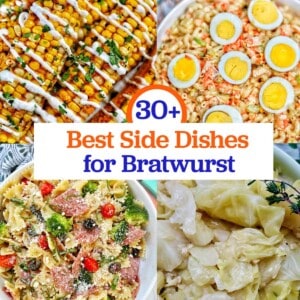 square collage of air fryer corn ribs, Filipino macaroni salad, bowtie Italian pasta salad, and cabbage with title text overlay.