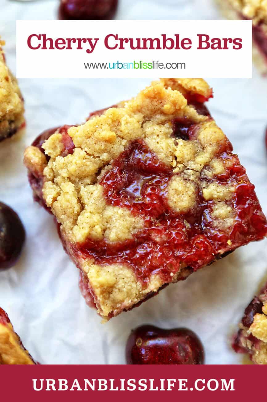 cherry crumble bars surrounded by cherries with title text overlay.