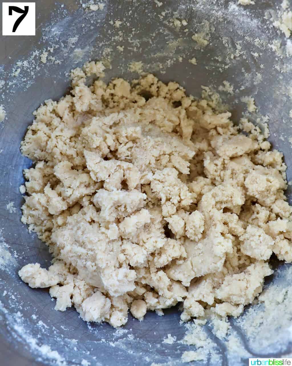 shortbread crust dough in a stand mixer bowl.