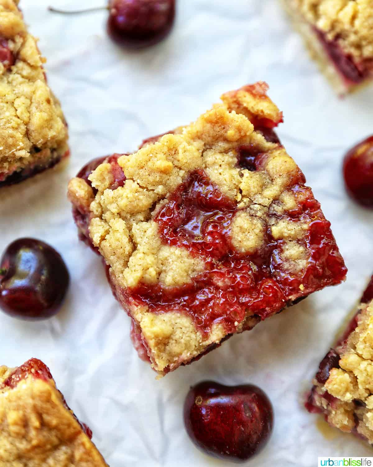 cherry crumble bars surrounded by cherries.