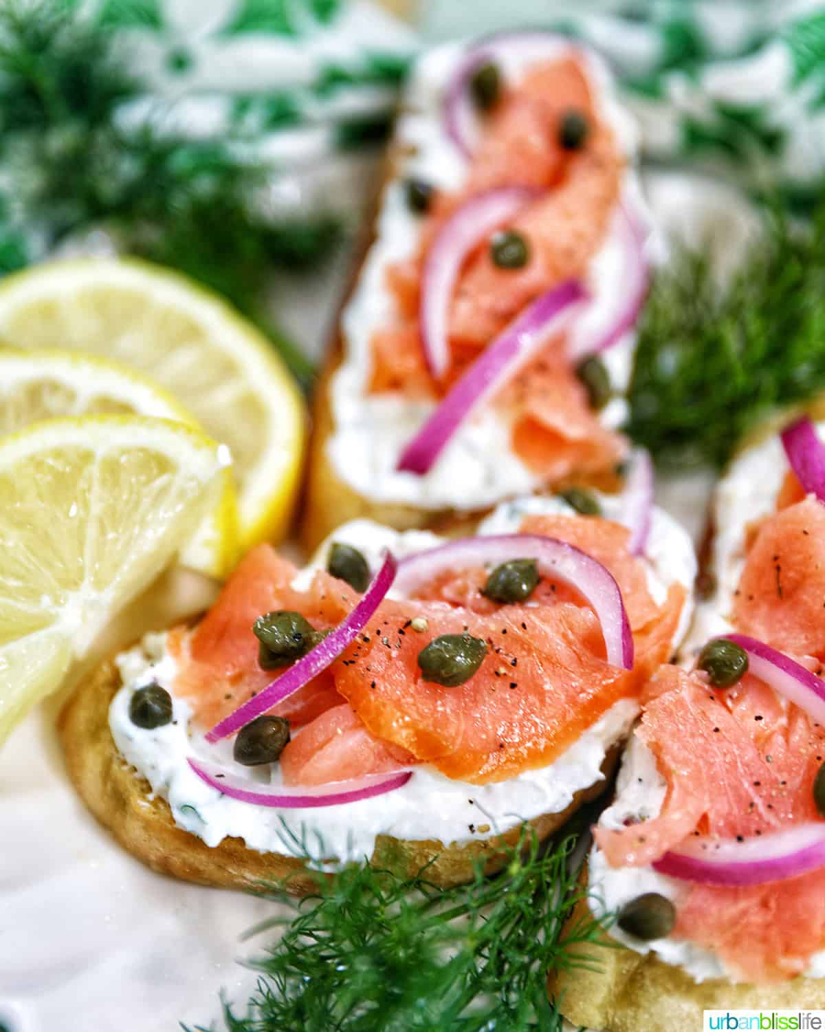 three salmon crostini, and lemon wedges and dill sprigs as garnish.