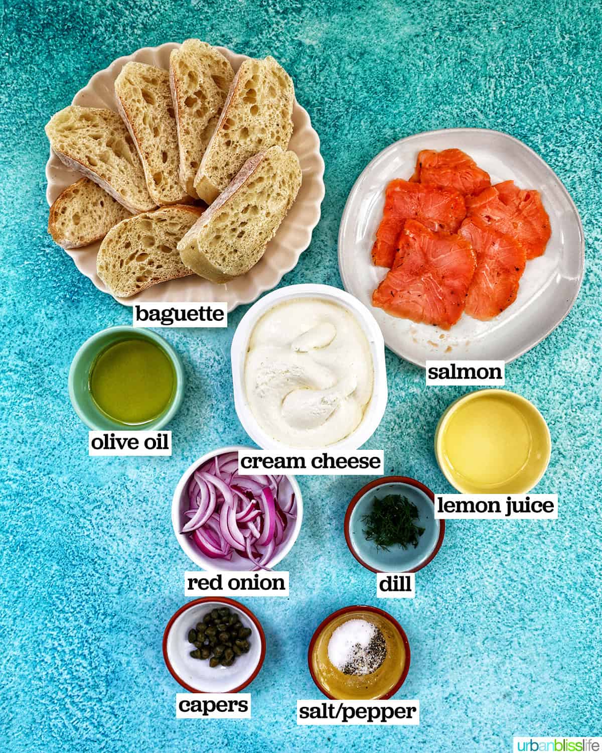 bowls of ingredients to make crostini al salmone (salmon crostini).