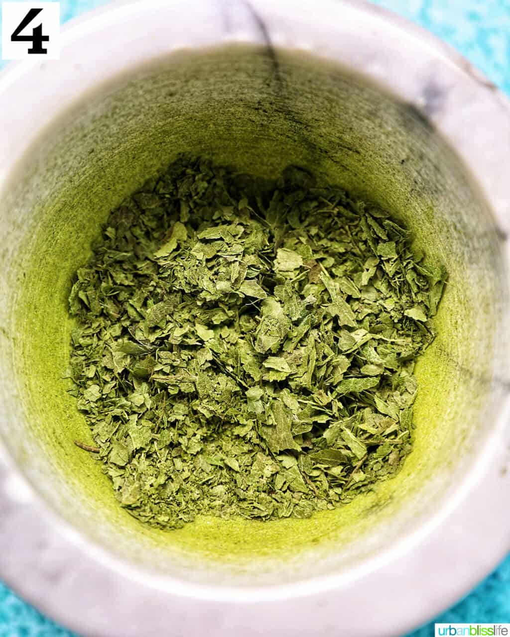 crushed mint in a marble bowl.