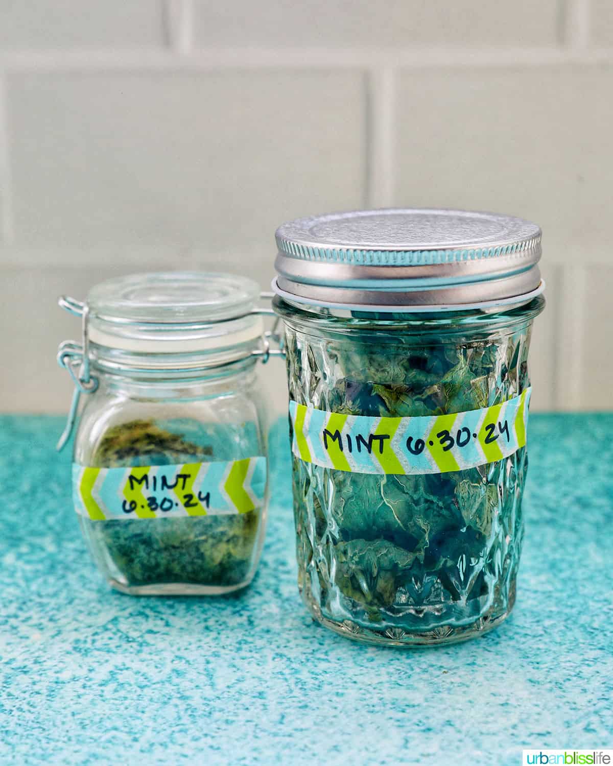 dried mint leaves in a mason jar.
