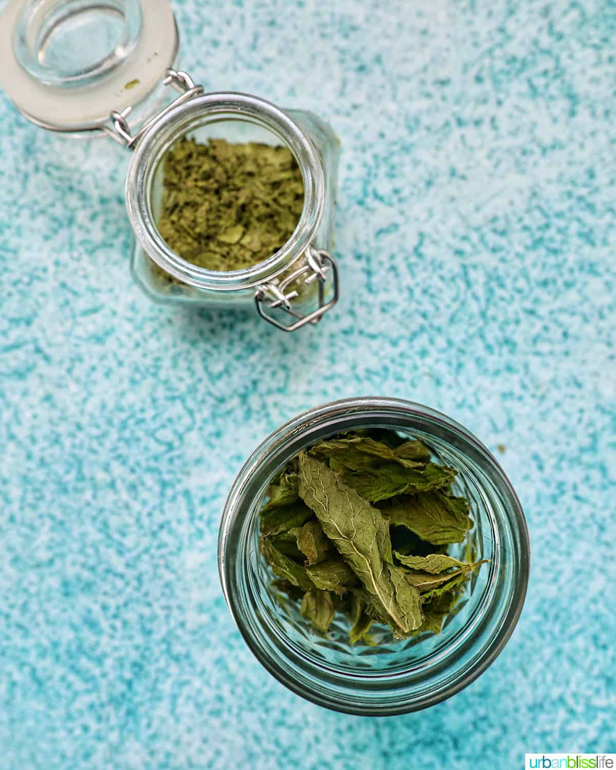 dried mint leaves in a mason jar.