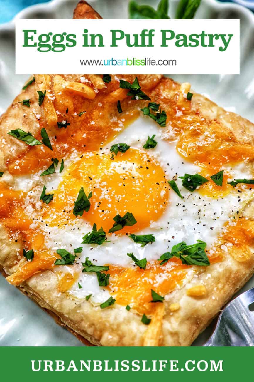 egg in puff pastry on a plate with parsley garnish and title text overlay.