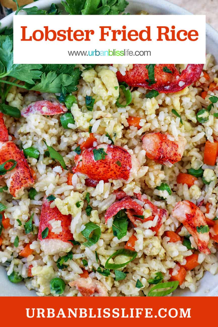 bowl of lobster fried rice with title text overlay.