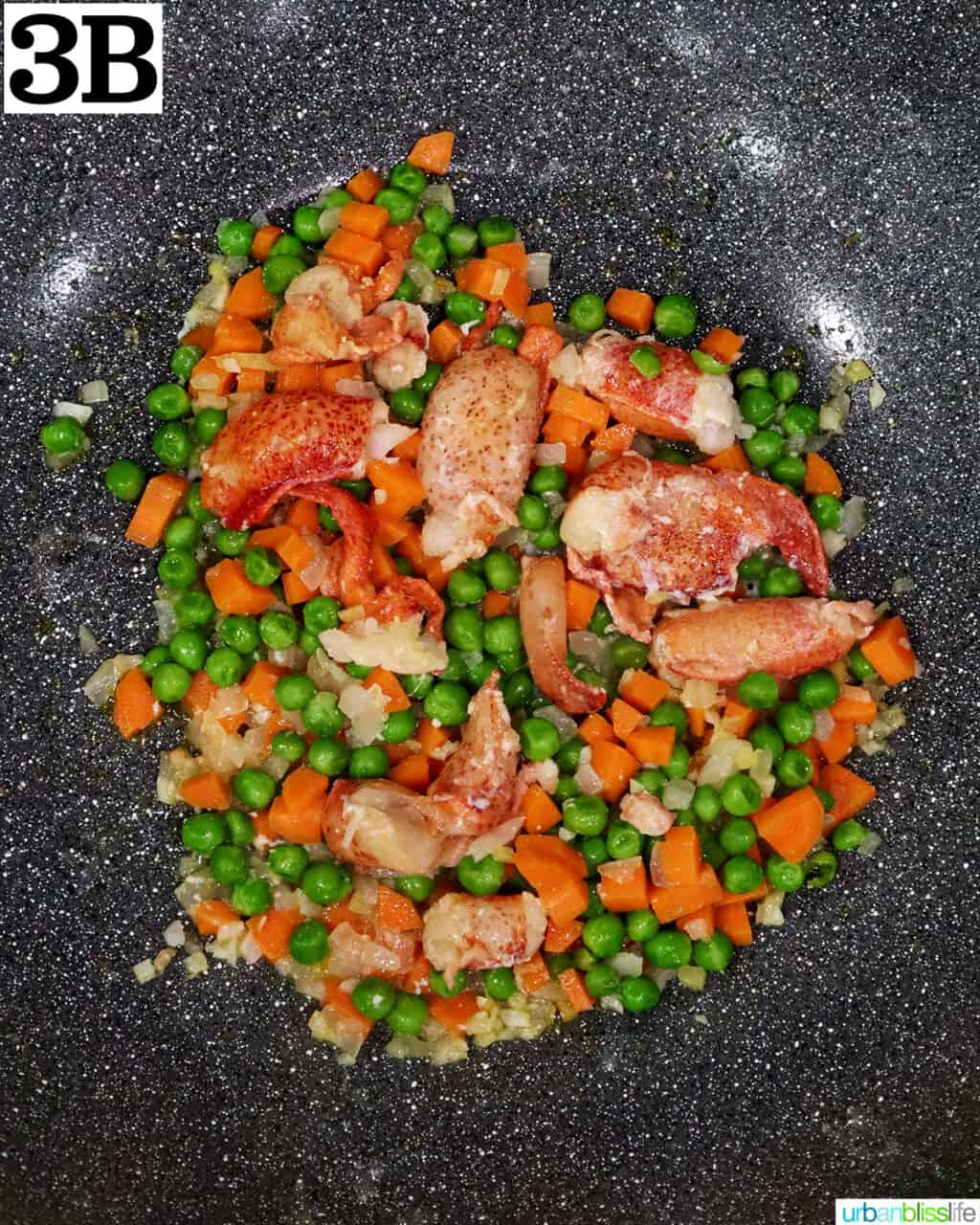 lobster meat with vegetables cooking in a wok.
