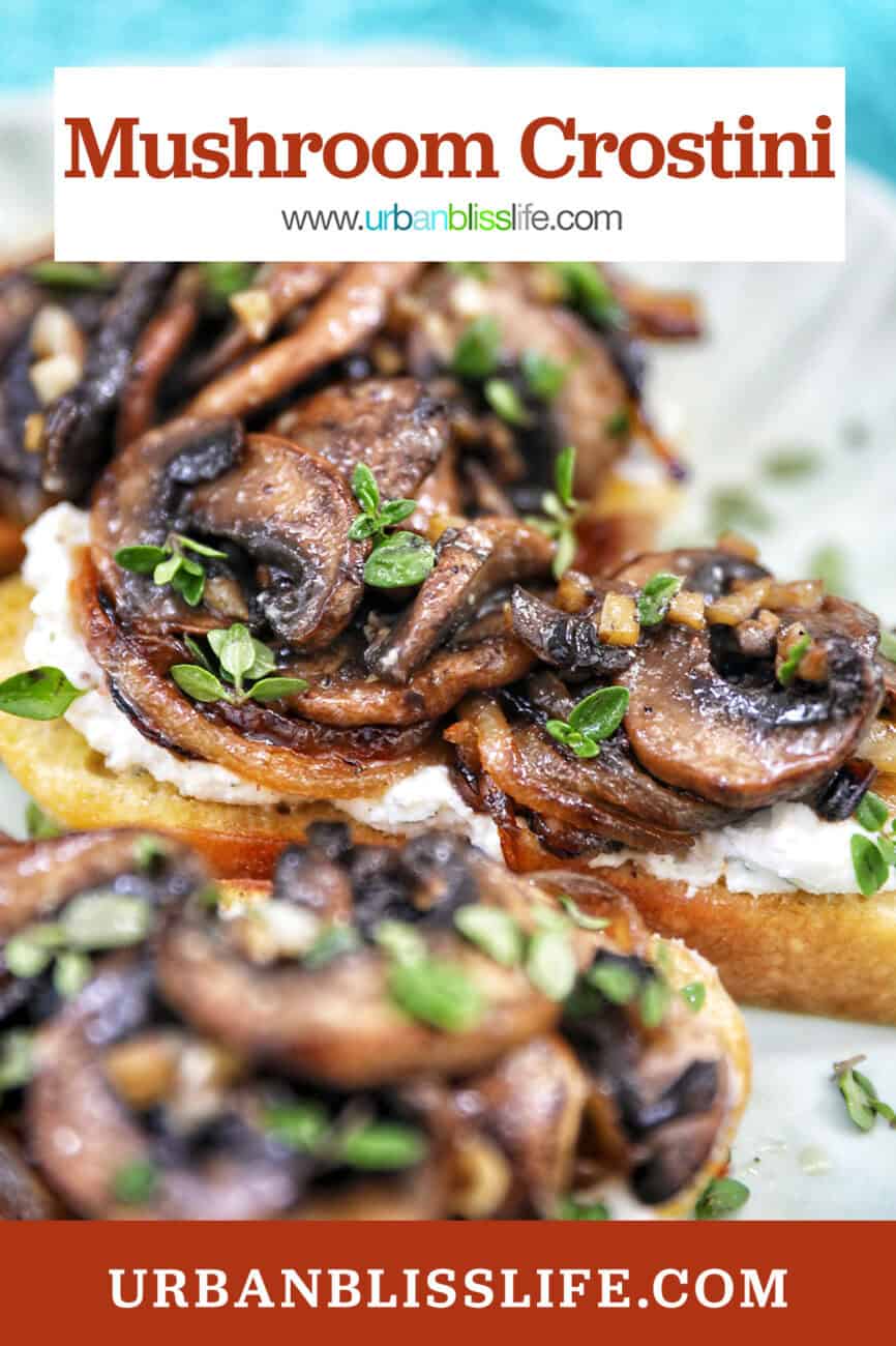 mushroom crostini with fresh thyme garnish and title text overlay.