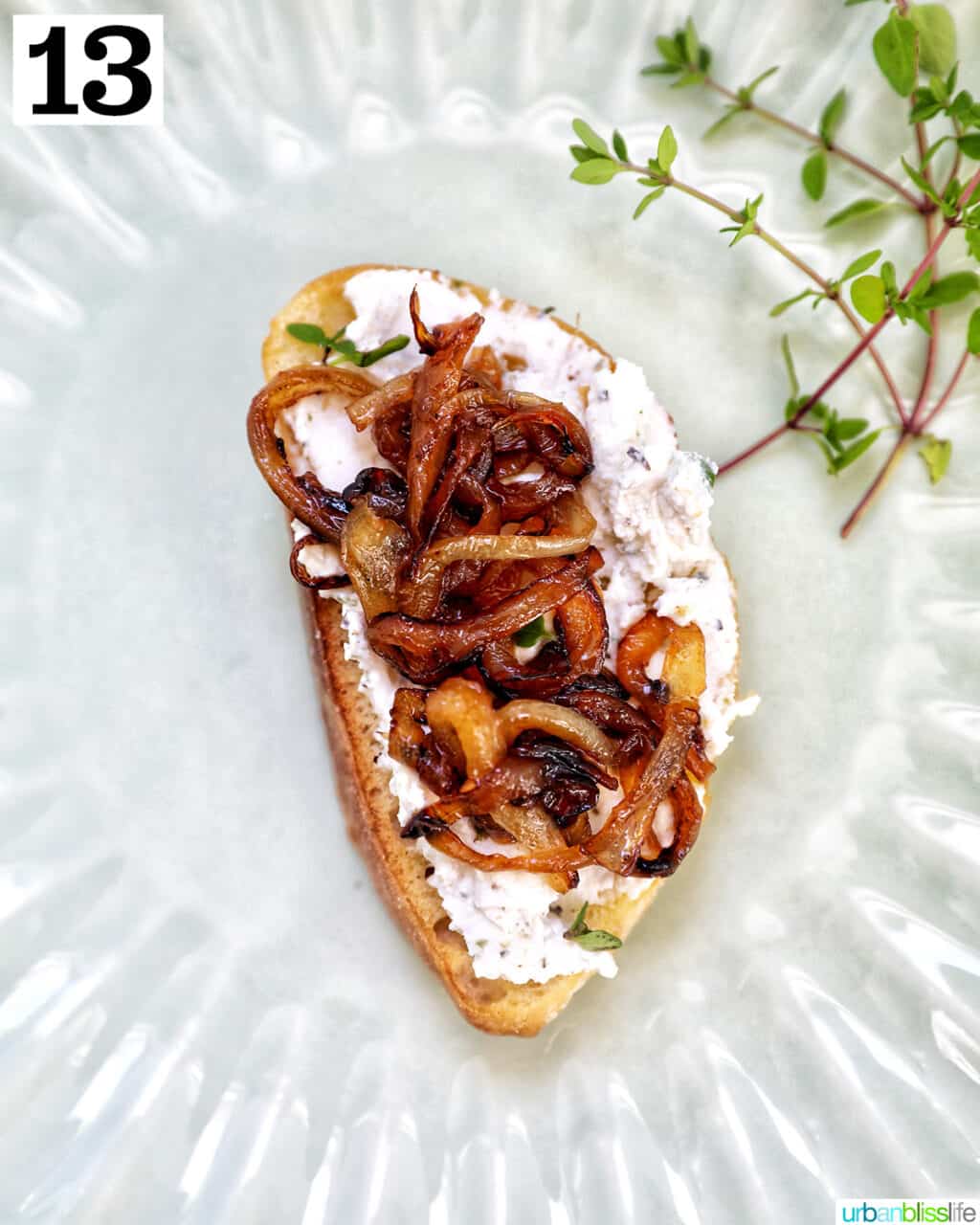 caramelized onions on top of herbed goat cheese toast on a plate.
