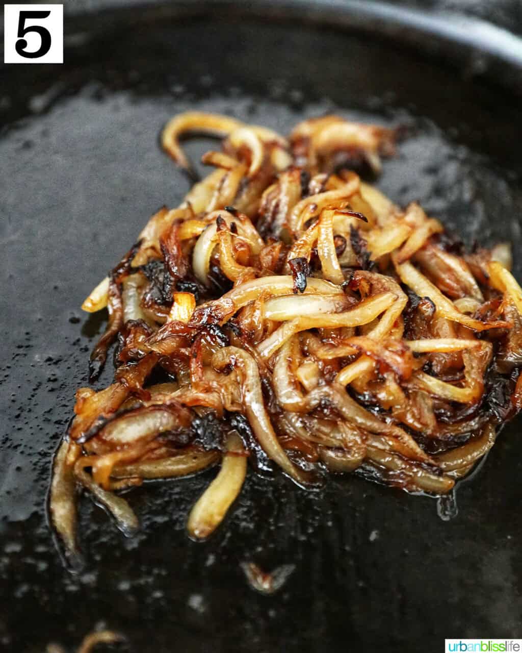 caramelized onions in a cast iron skillet.