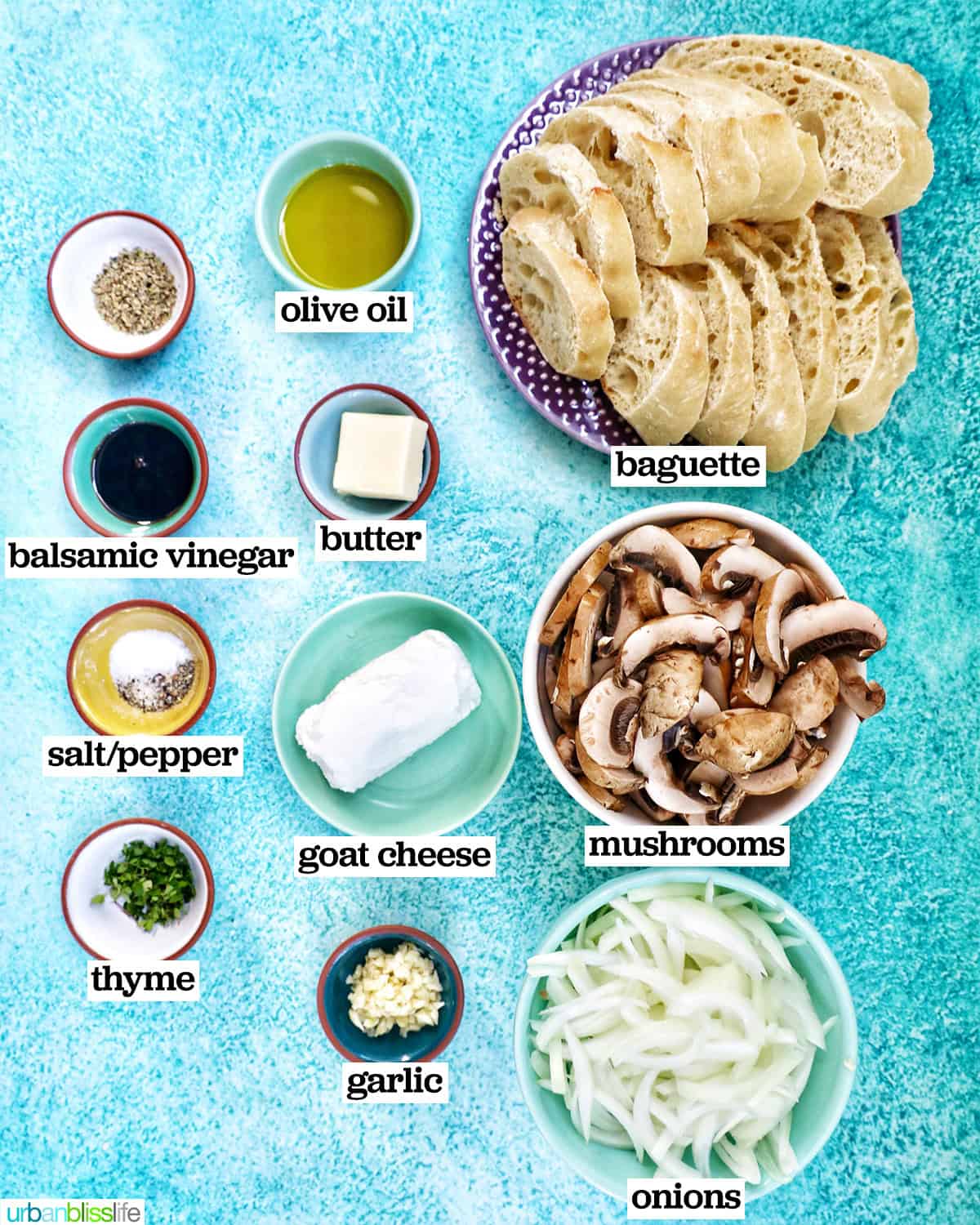 bowls and plates of ingredients to make mushroom crostini.
