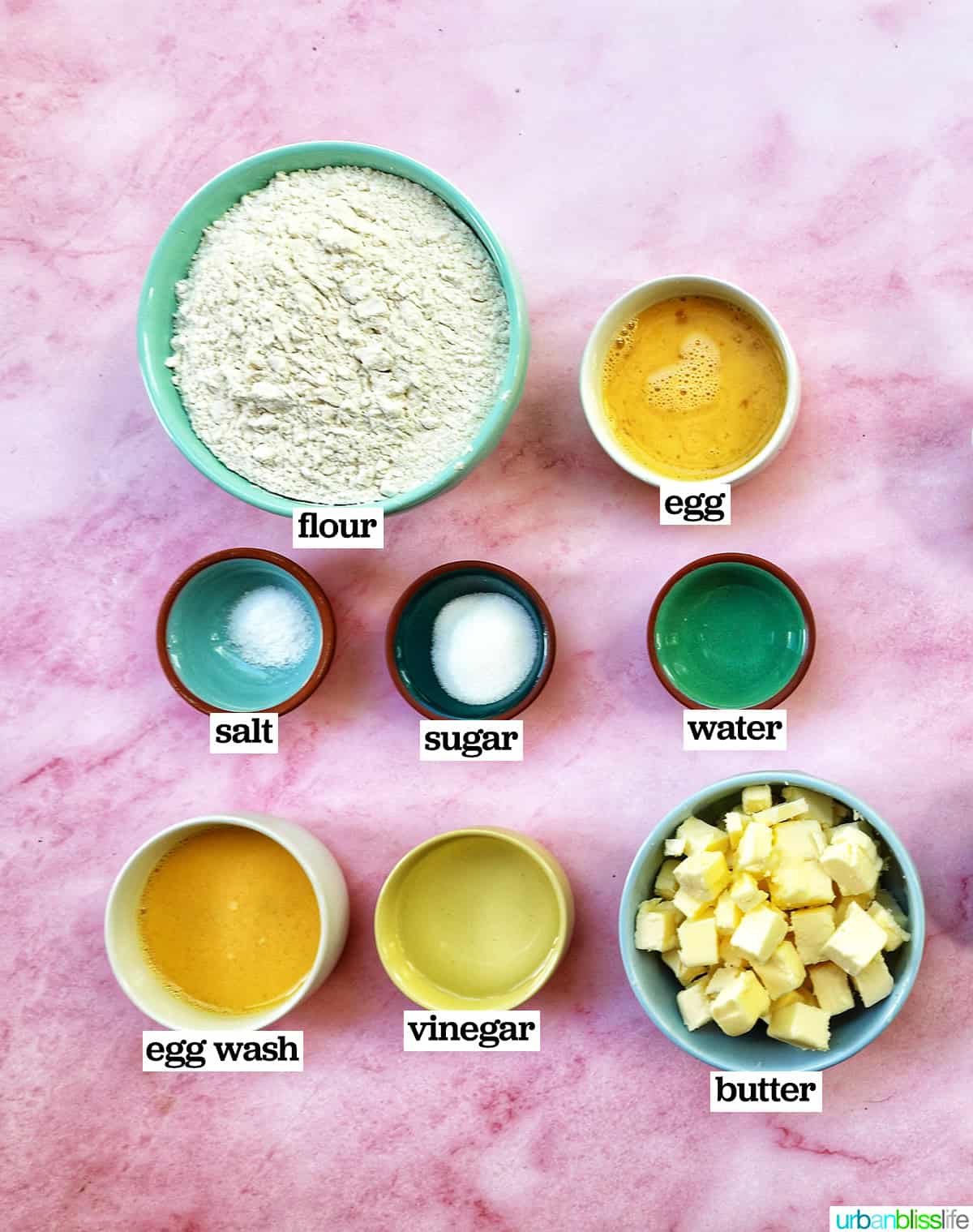 bowls of ingredient to make food processor pie dough.
