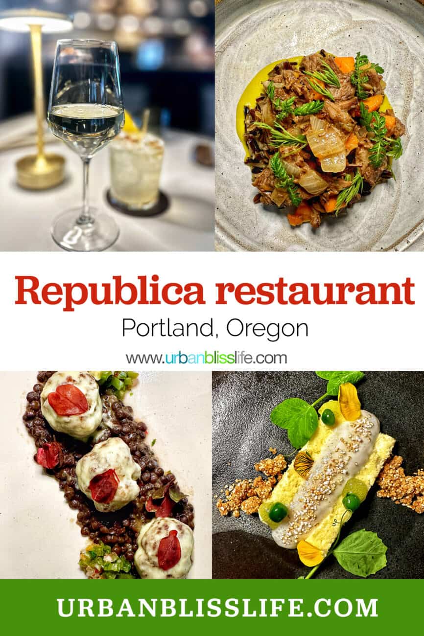 glass of white wine, beef and vegetables, alpaca meatballs, and colorful dessert with title text that reads "Republica restaurant."