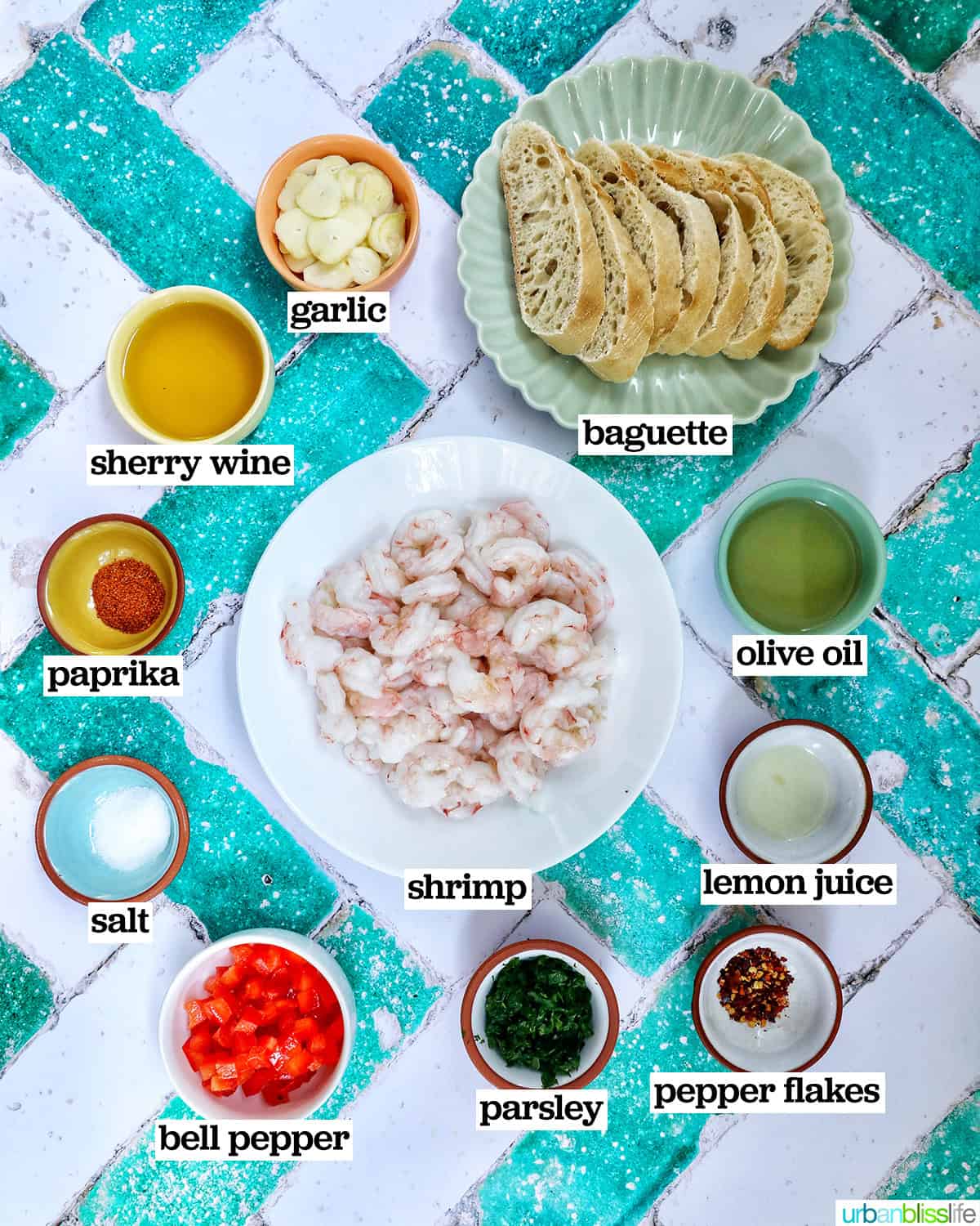 bowls of ingredients to make shrimp pintxos appetizers.