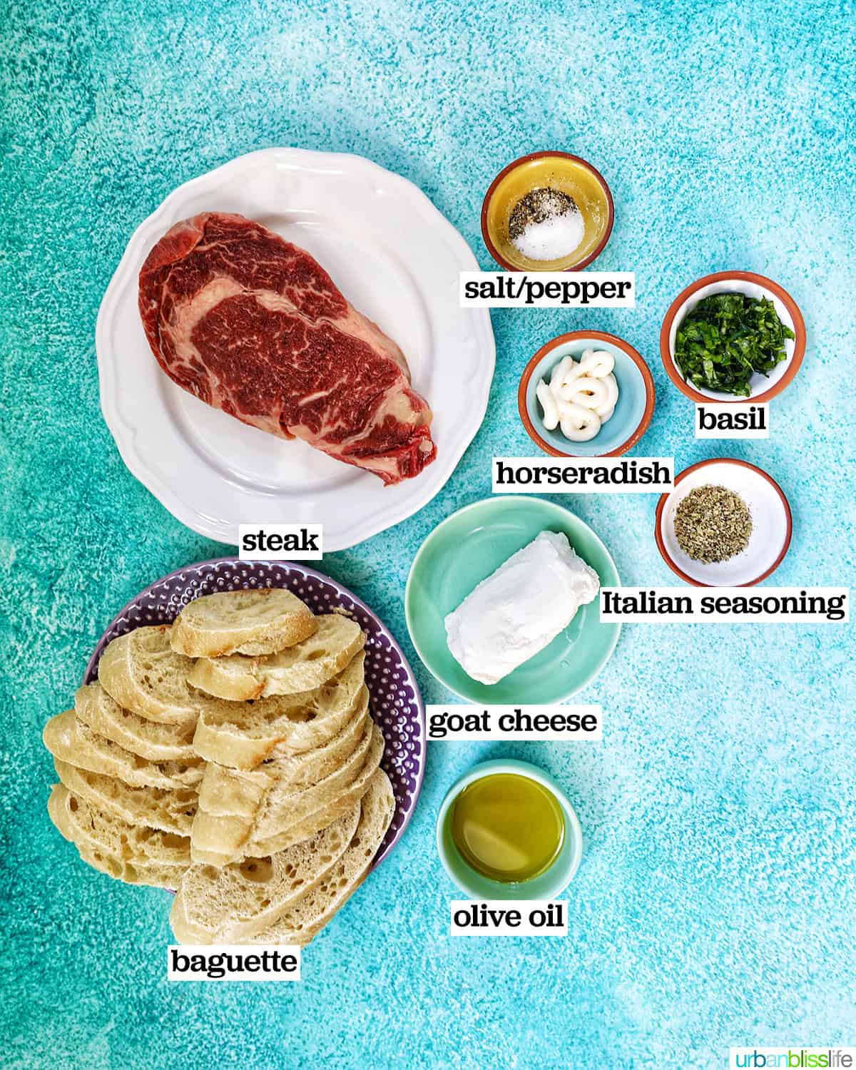bowls of ingredients to make steak crostini.