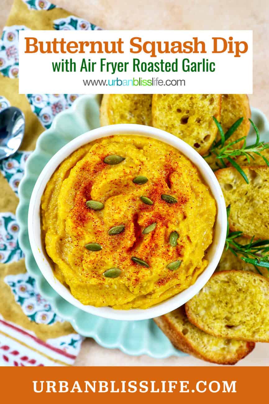 bowl of butternut squash dip with baguette slices, fresh herbs, and a colorful napkin with title text overlay.