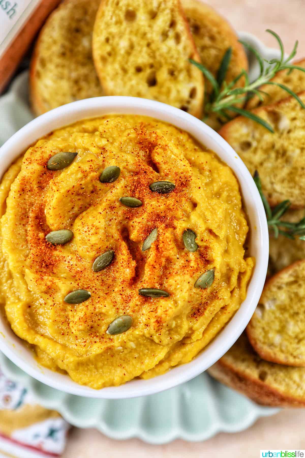 bowl of butternut squash dip with baguette slices, fresh herbs, and a colorful napkin.