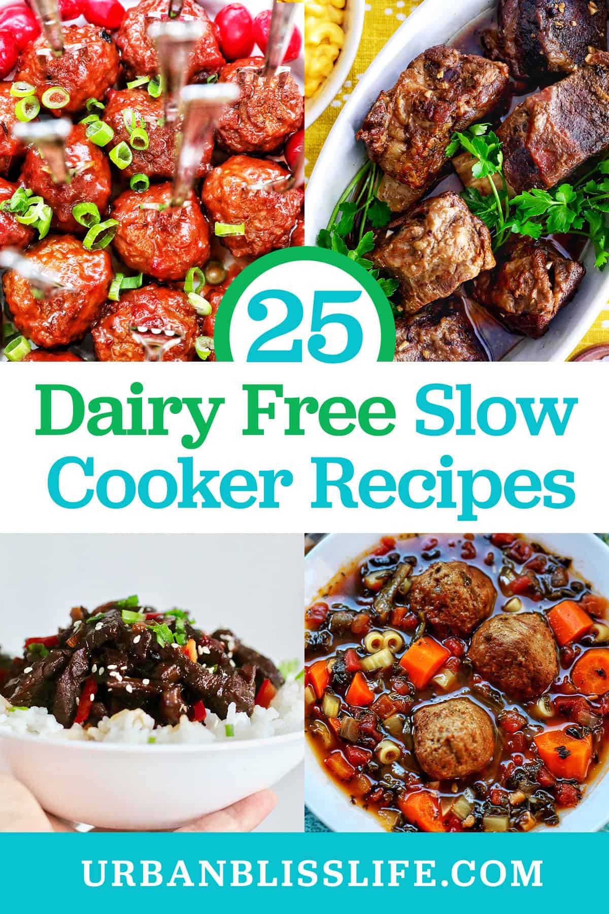 slow cooker cranberry meatballs, Filipino adobo short ribs, Mongolian beef, and meatball soup with title text overlay.