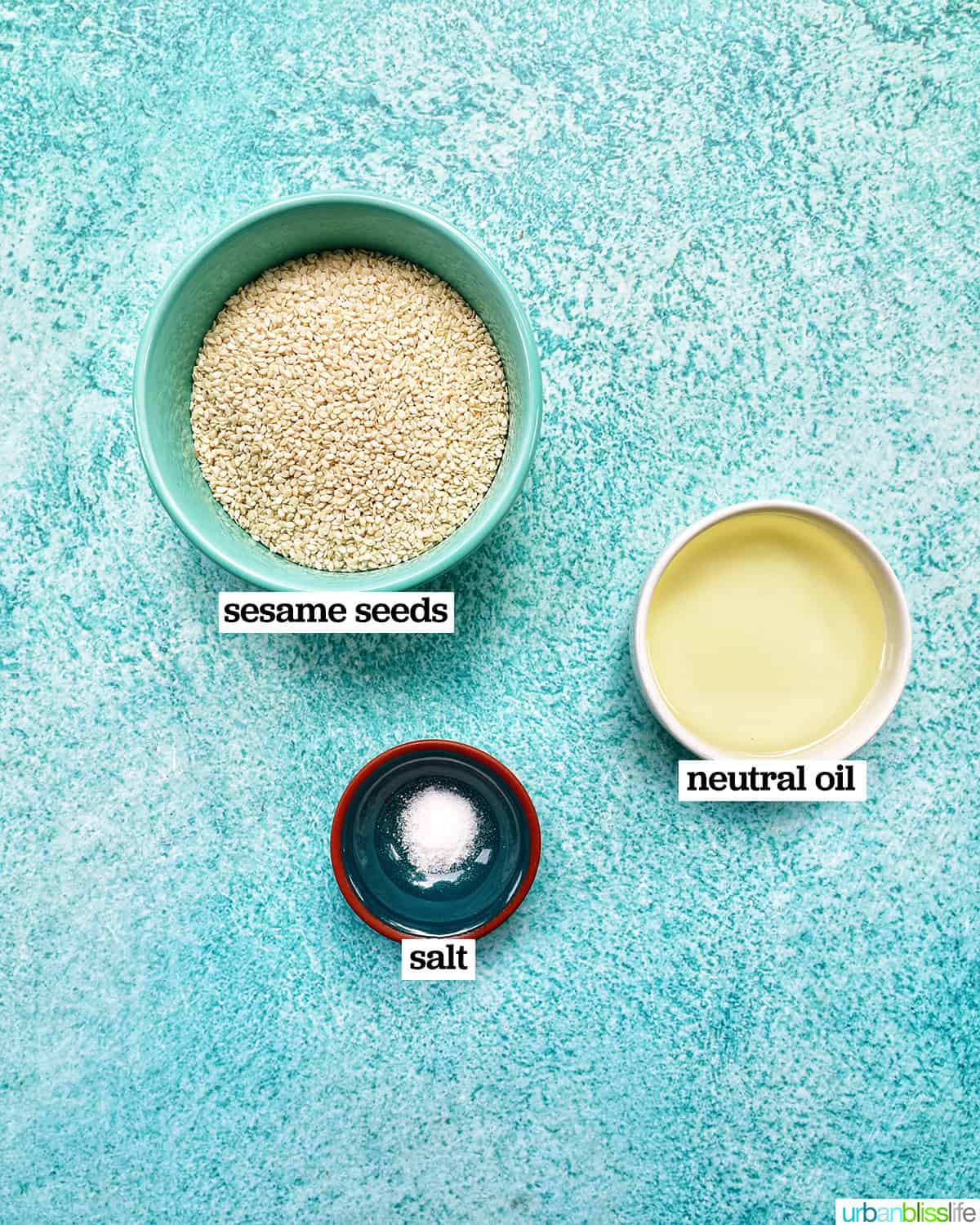 bowls of three ingredients - oil, sesame seeds, and salt - to make tahini.