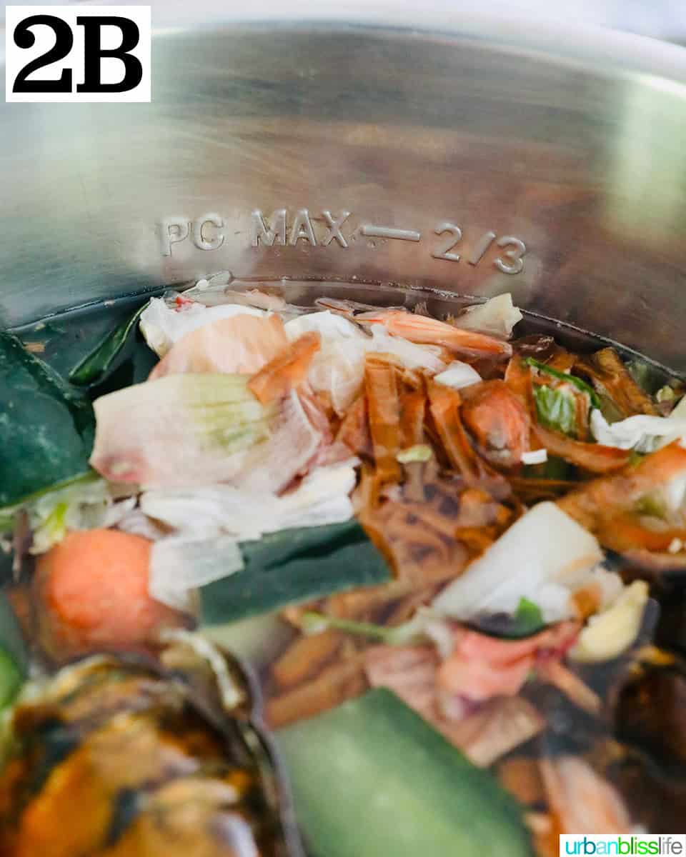 Instant Pot of seafood shells and vegetable scraps to make seafood stock.