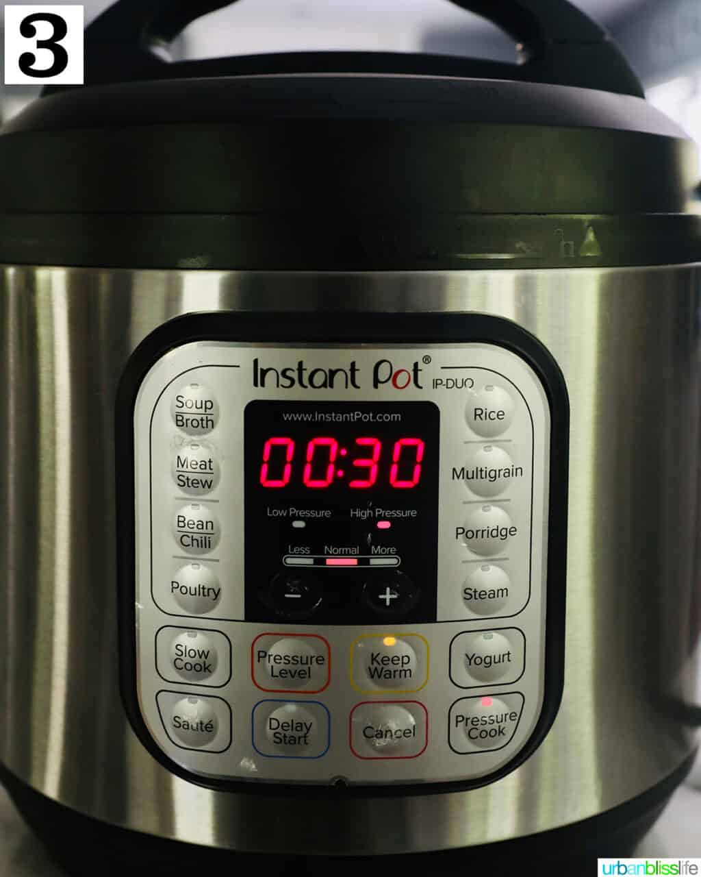 Instant Pot set to High Pressure with timer at 30 minutes.