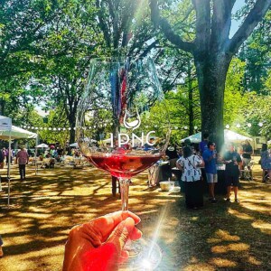 hand holding an IPNC wine glass against an outdoor wine tasting event.