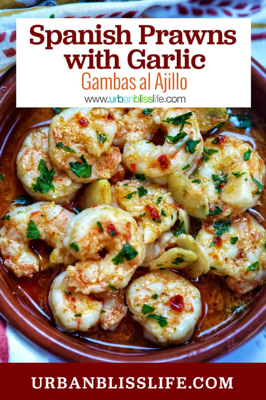 Spanish prawns with garlic (gambas al ajillo) in Spanish cazuelas clay dishes with title text overlay.