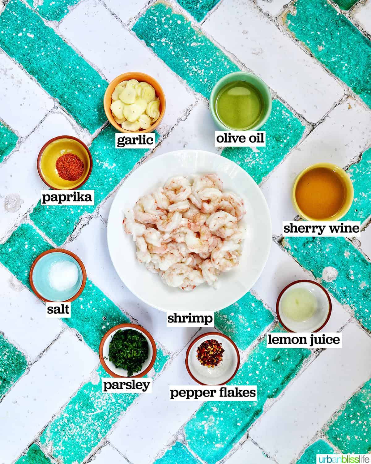 bowls of ingredients to make gambas al ajillo.