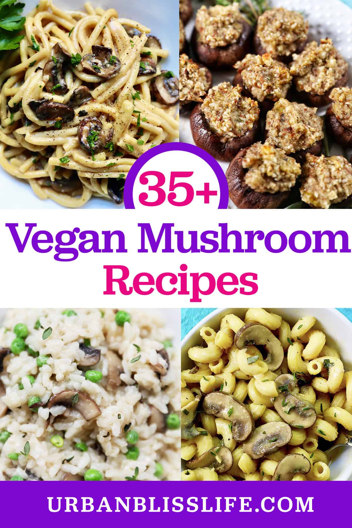 mushroom pasta, mushroom risotto, and stuffed mushrooms with title text overlay.