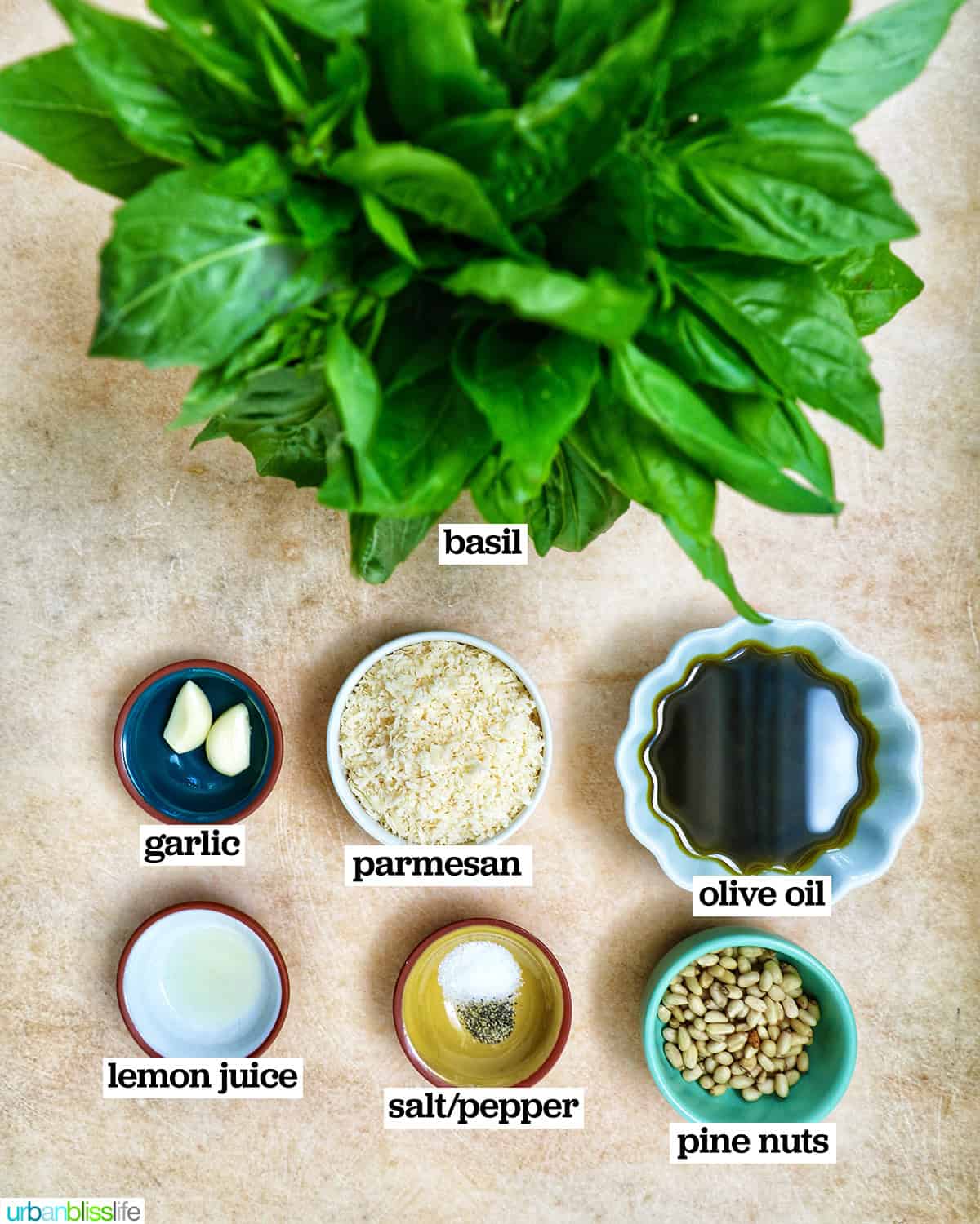 bowls of ingredients to make pesto.